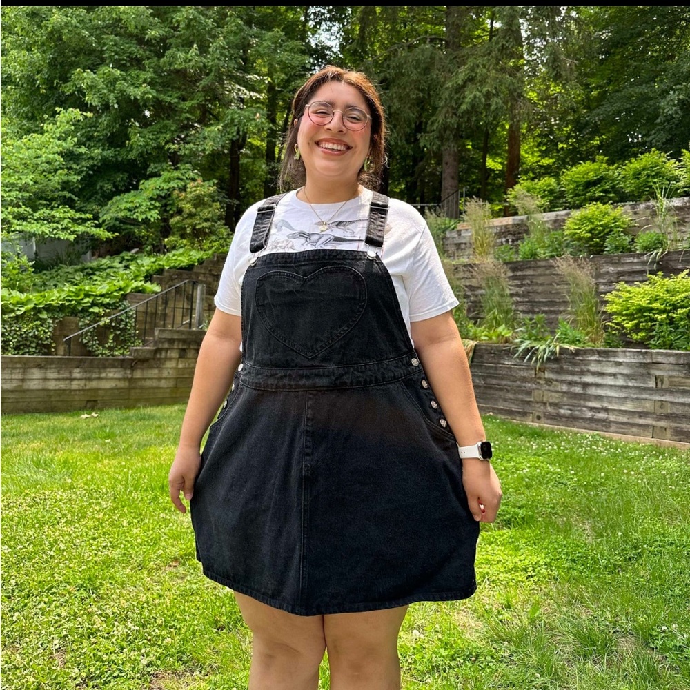 Shiny by Nature overall black heart pocket dress. Like new.
Orig $85.
